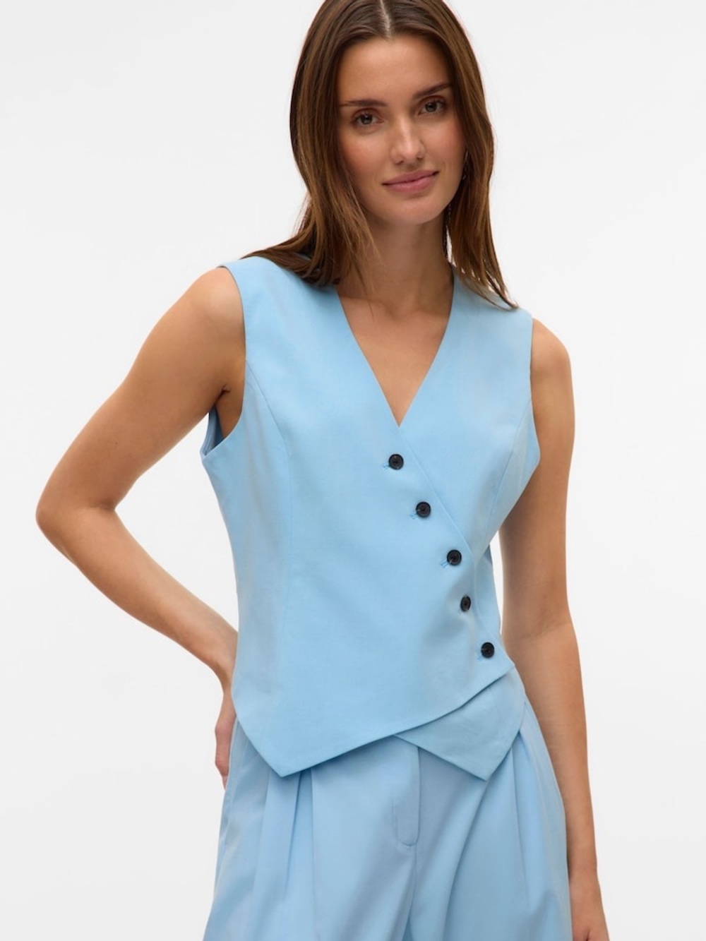 Vero Moda Sleeveless Light Blue Asymmetric Button Vest